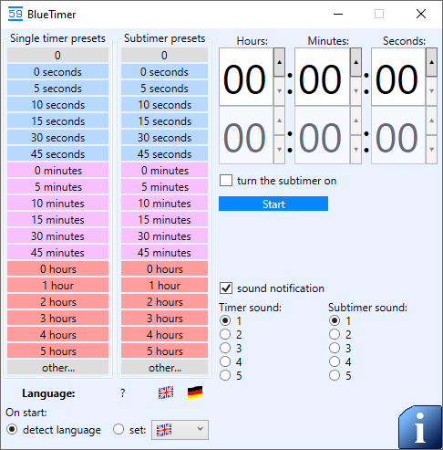 Main window on startup. Presets for each timer are grouped by colors. The language can be changed at any moment. Sound notifications can be set for each timer individually to distinguish them.