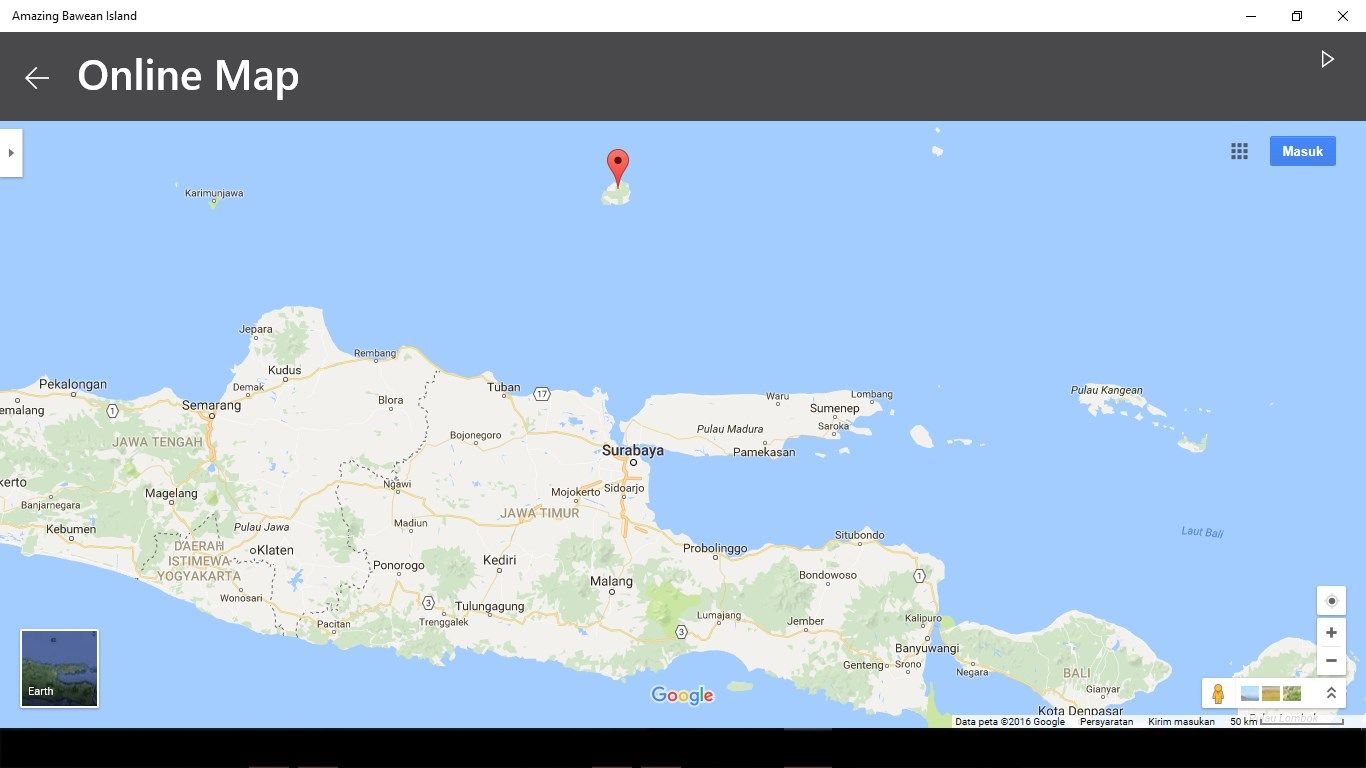Online Map,menu map that facilitate users to explore and search another beautiful place to visit in Bawean Island. By using this application, users can use both of information about Bawean and another beautiful place in Indonesia.