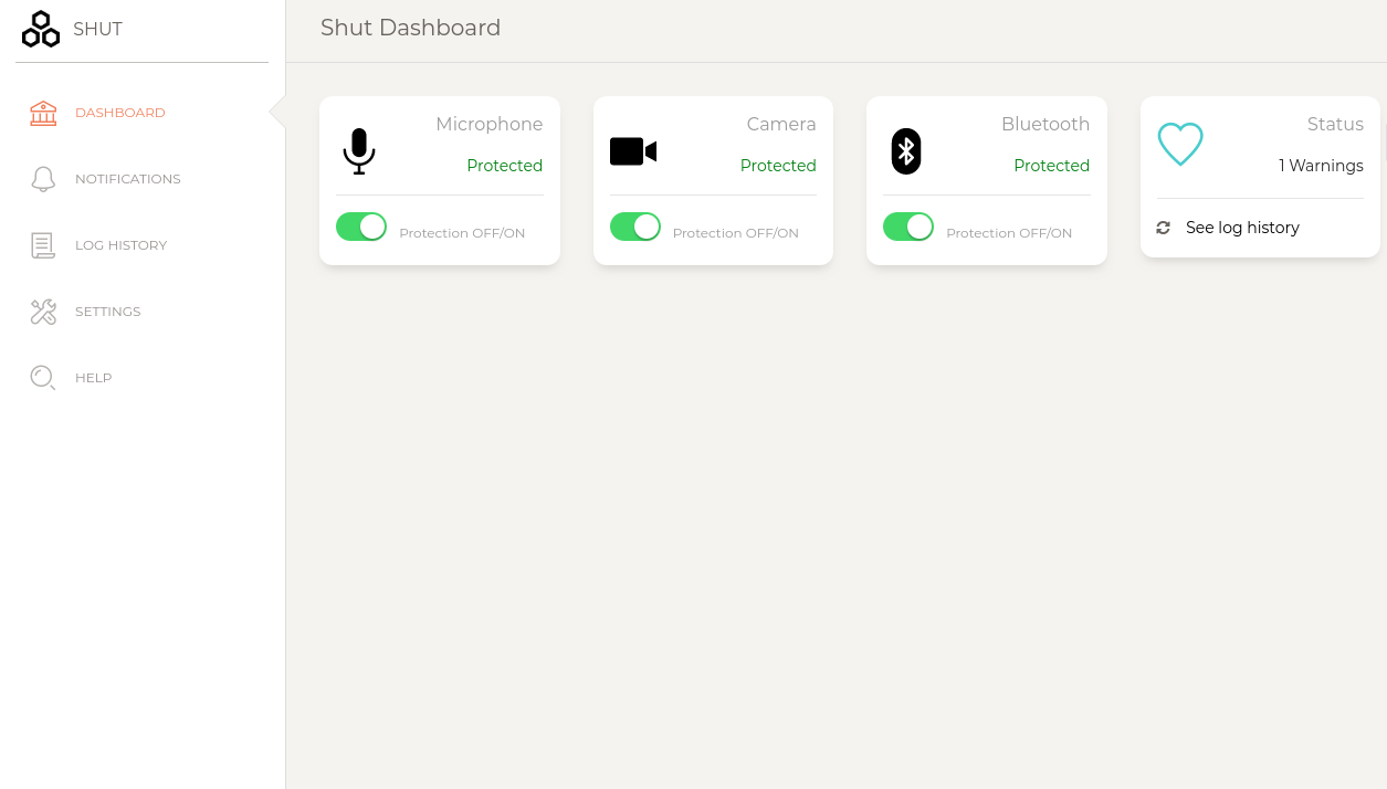 Intuitive Shut+ Dashboard.Toggle buttons to protect your devices and block anything from accessing them.