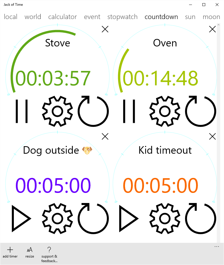 Create multiple timers with final voice countdown ("3, 2, 1.."). You can customize the color, description, and a spoken announce time (e.g., "1 minute").