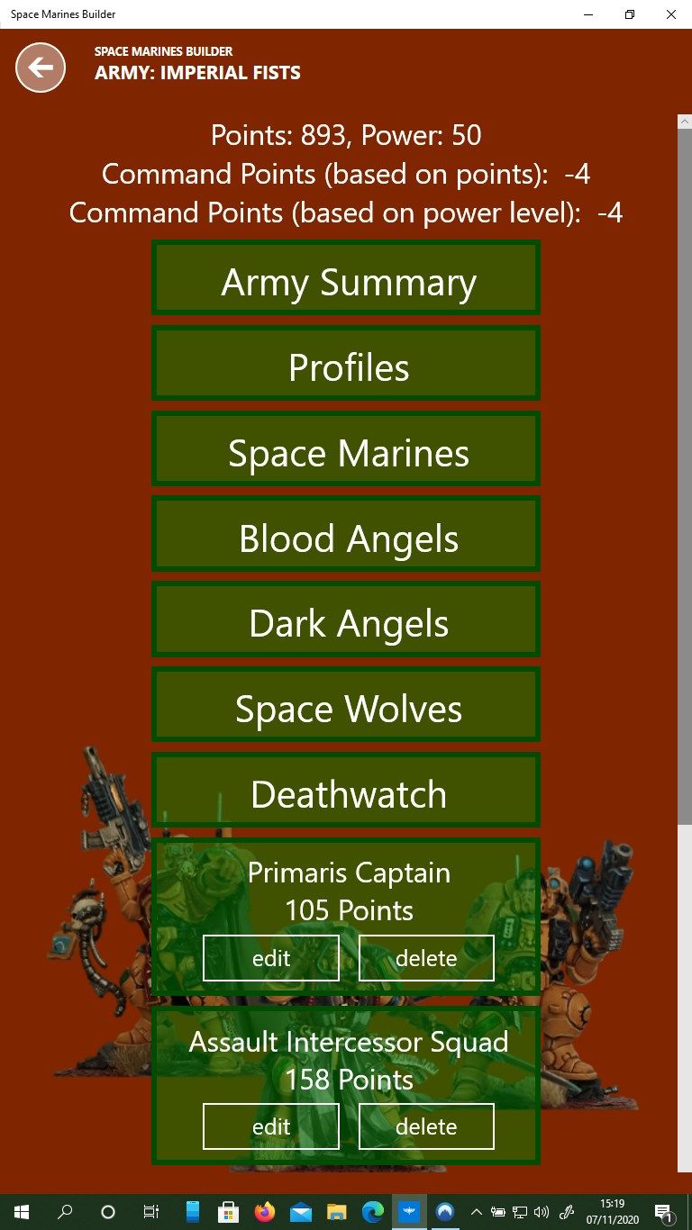 View a summary of your army or choose a faction type to add to it