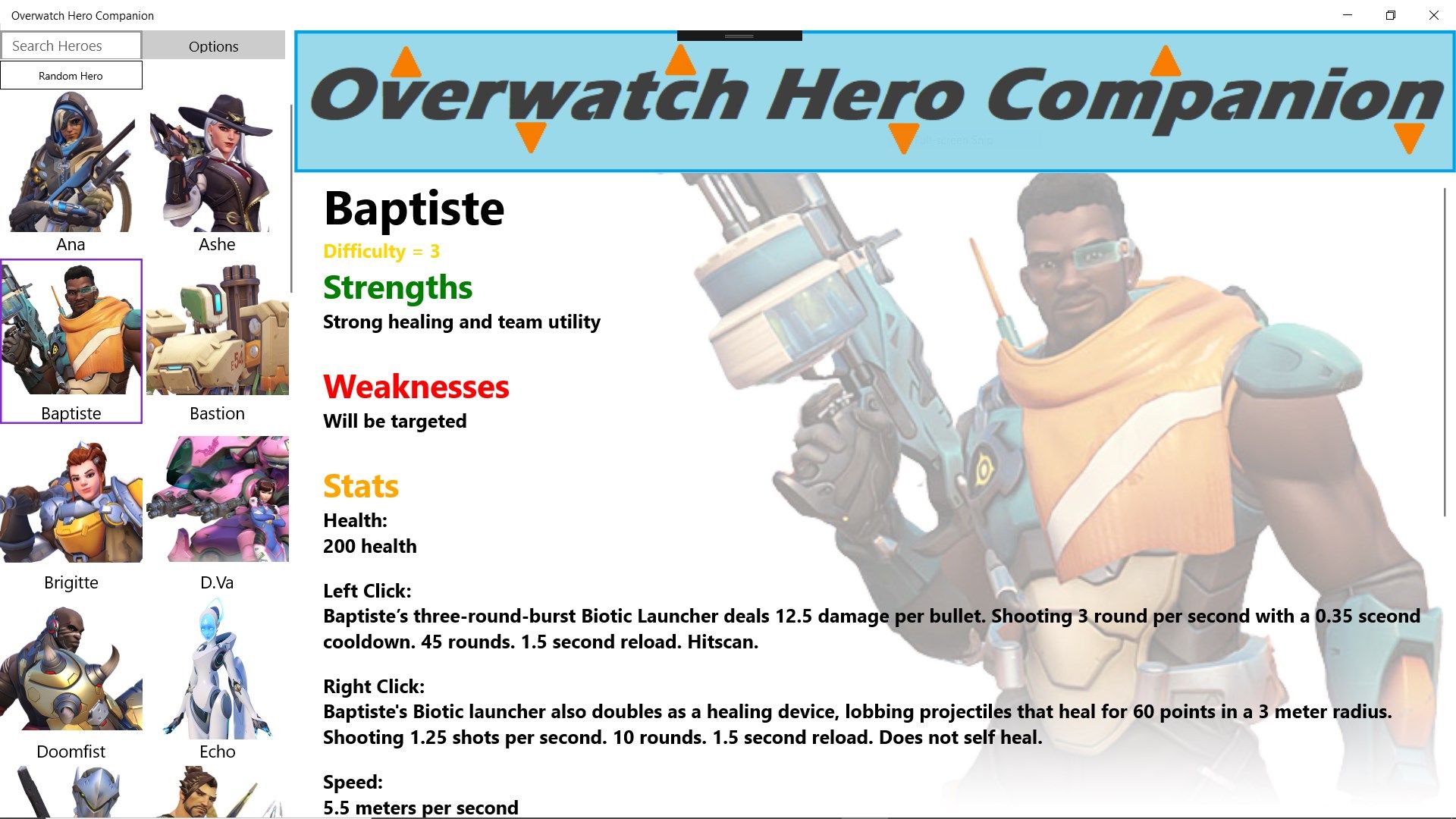 Hero information, including stats and abilities.