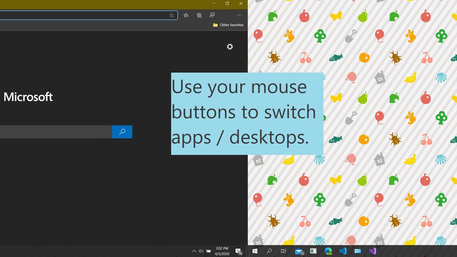 How to use: Plug in a mouse with forward and back buttons. Open more desktops with Task View in Windows. Drag your open apps to the new desktops. Then use the mouse buttons to switch to your other apps!
