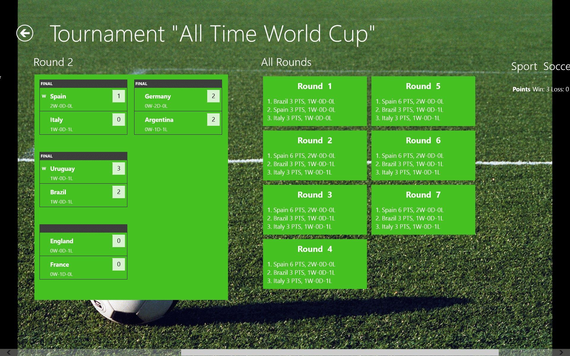 Tournament page, showing rounds.