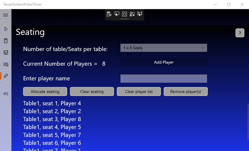 Select your Table(s) and enter player name and allocated a random seat.