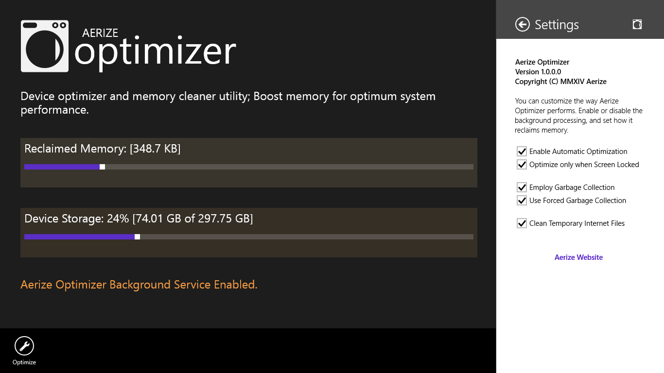 Aerize Optimizer showing settings screen