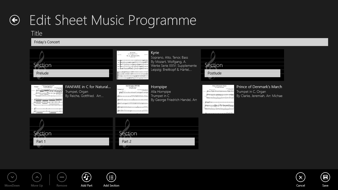 Once you have your sheet music parts in your library, you can assemble them into groups called Programmes. Programmes are the primary way to display sheet music parts during a performance.