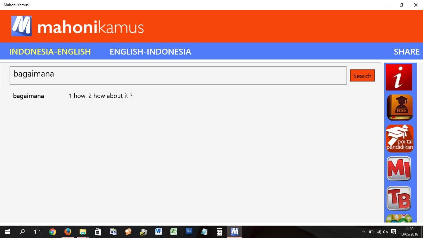 Contoh hasil terjemahan dari bahasa Indonesia ke bahasa Inggris sesuai dengan kata yang dicari