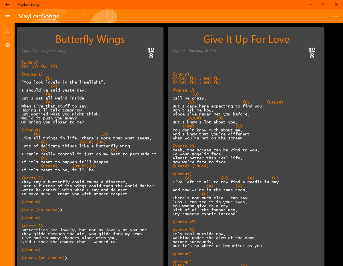 Songs display with highlighted chords and optional lyric colour