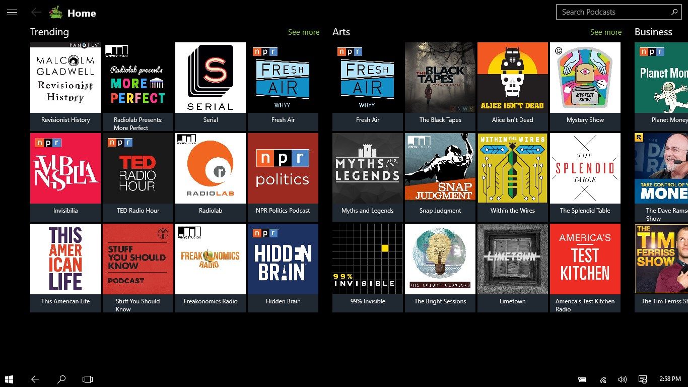 Main page with popular podcasts for different genre categories