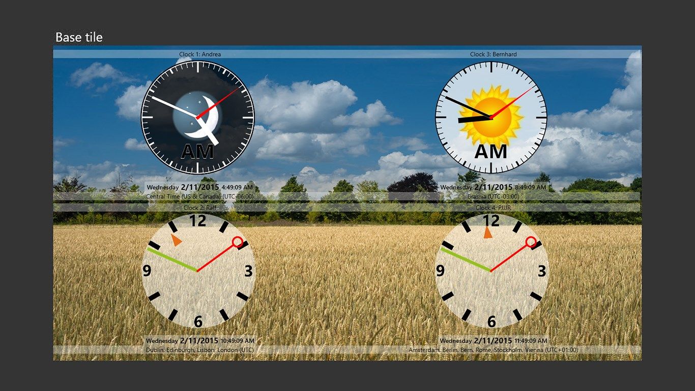 App-screen: Clock view with 4 clocks