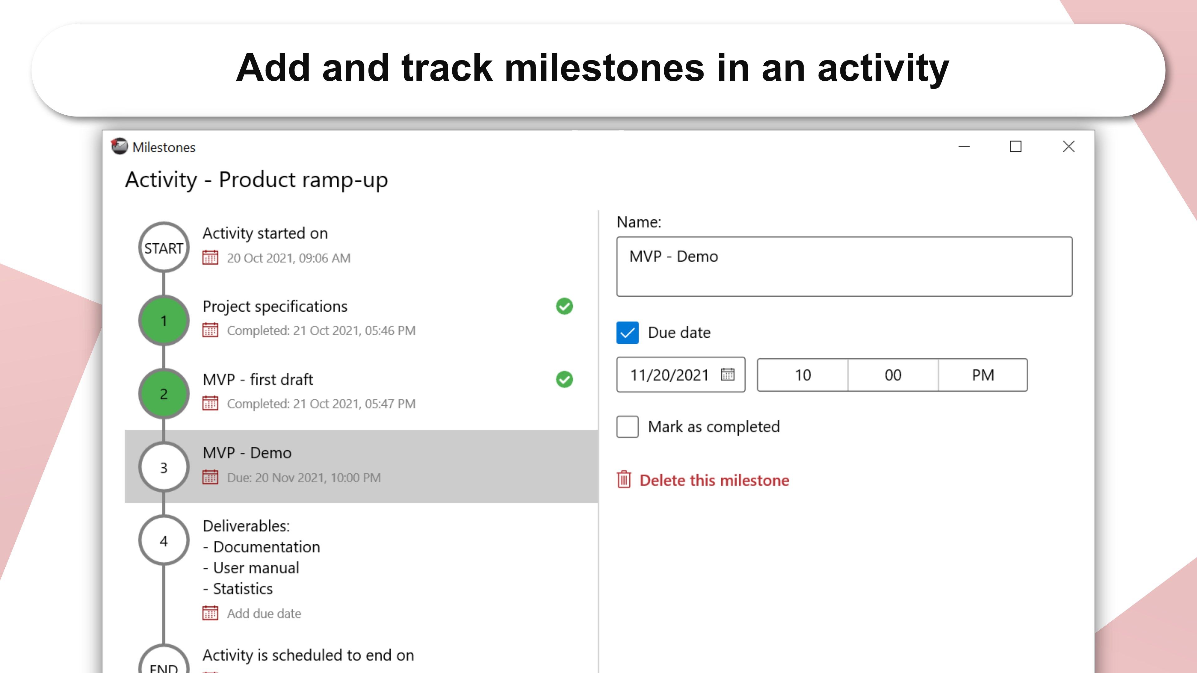 Add and track milestones in an activity