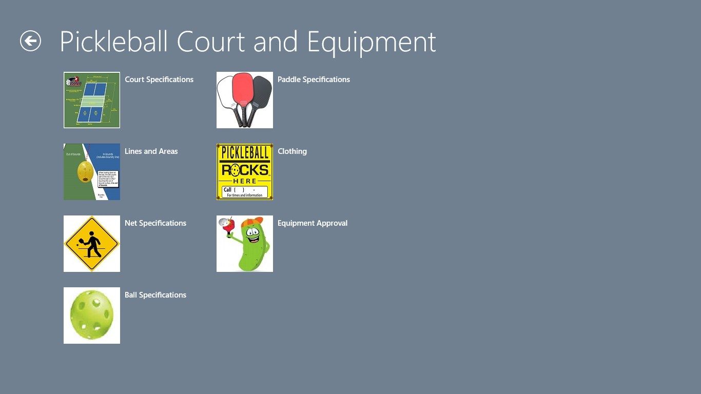 The court and equipment screen is displayed after select the court and equipment header from the main screen.