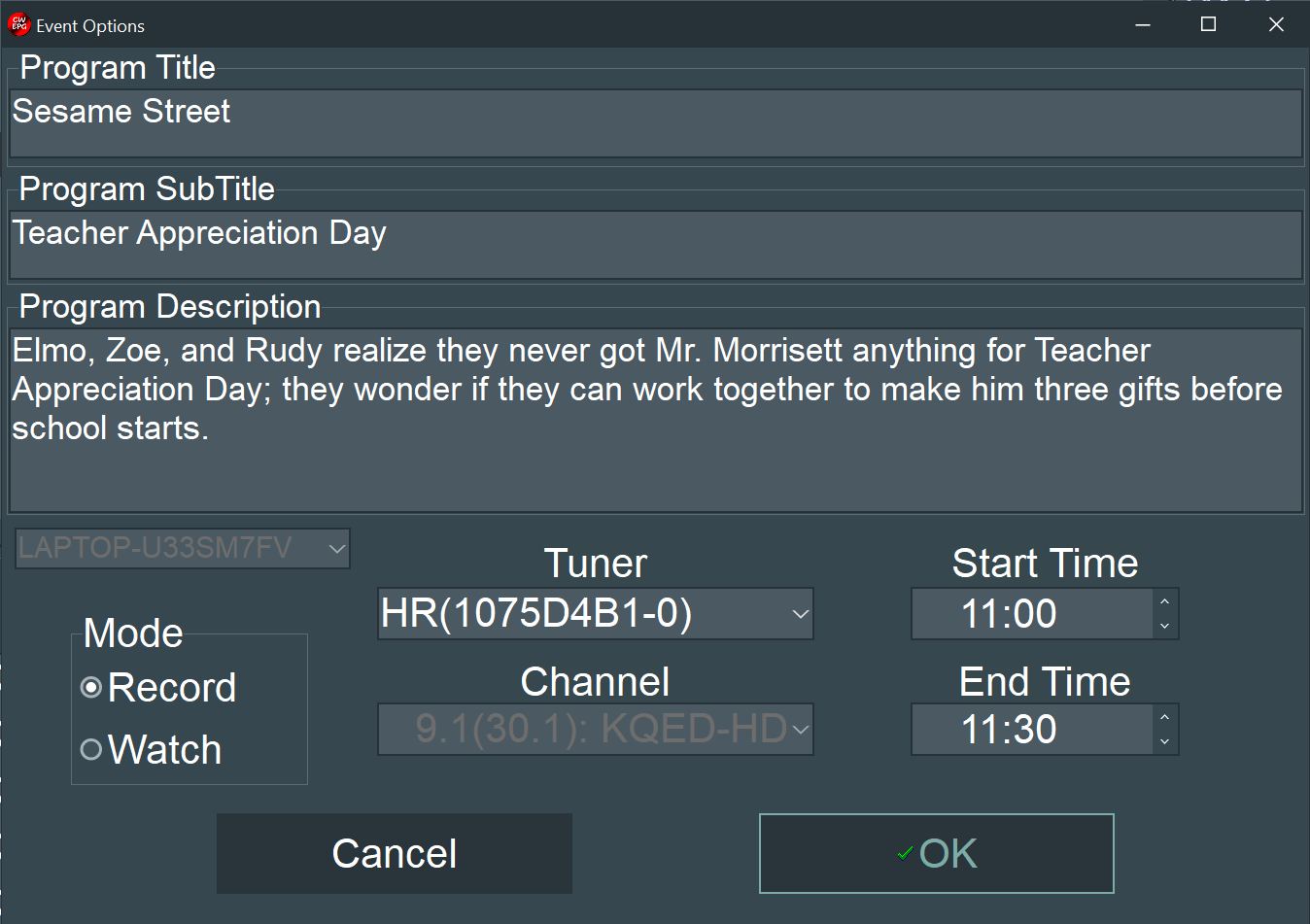 Options Menu for "VCR Item" and "TitanTV" buttons on Scheduled Items tab