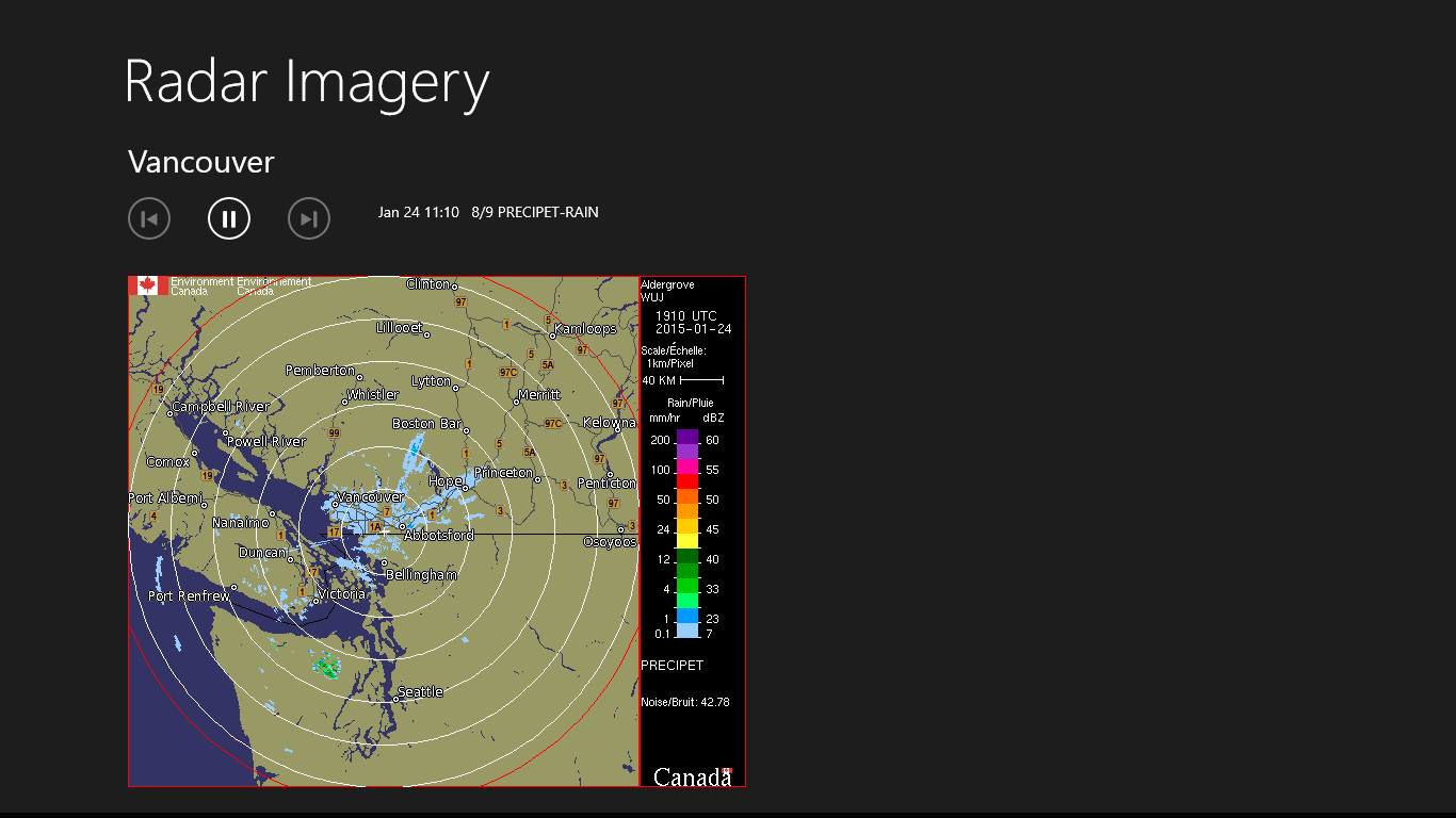 View radar imagery from Canadian radar sites. Can overlay data maps with town, roads and road numbers.