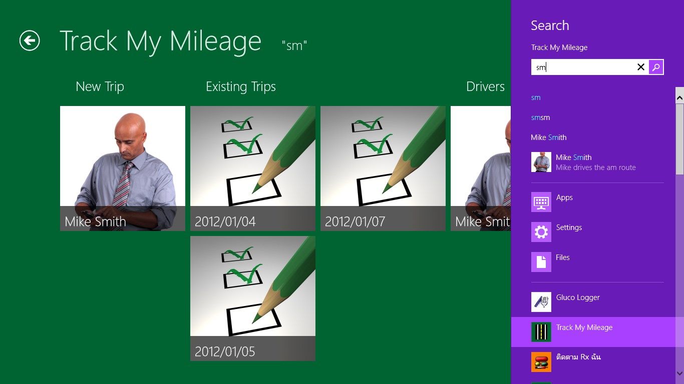 Search trips, drivers, mileage types, vehicles and help from windows search charm