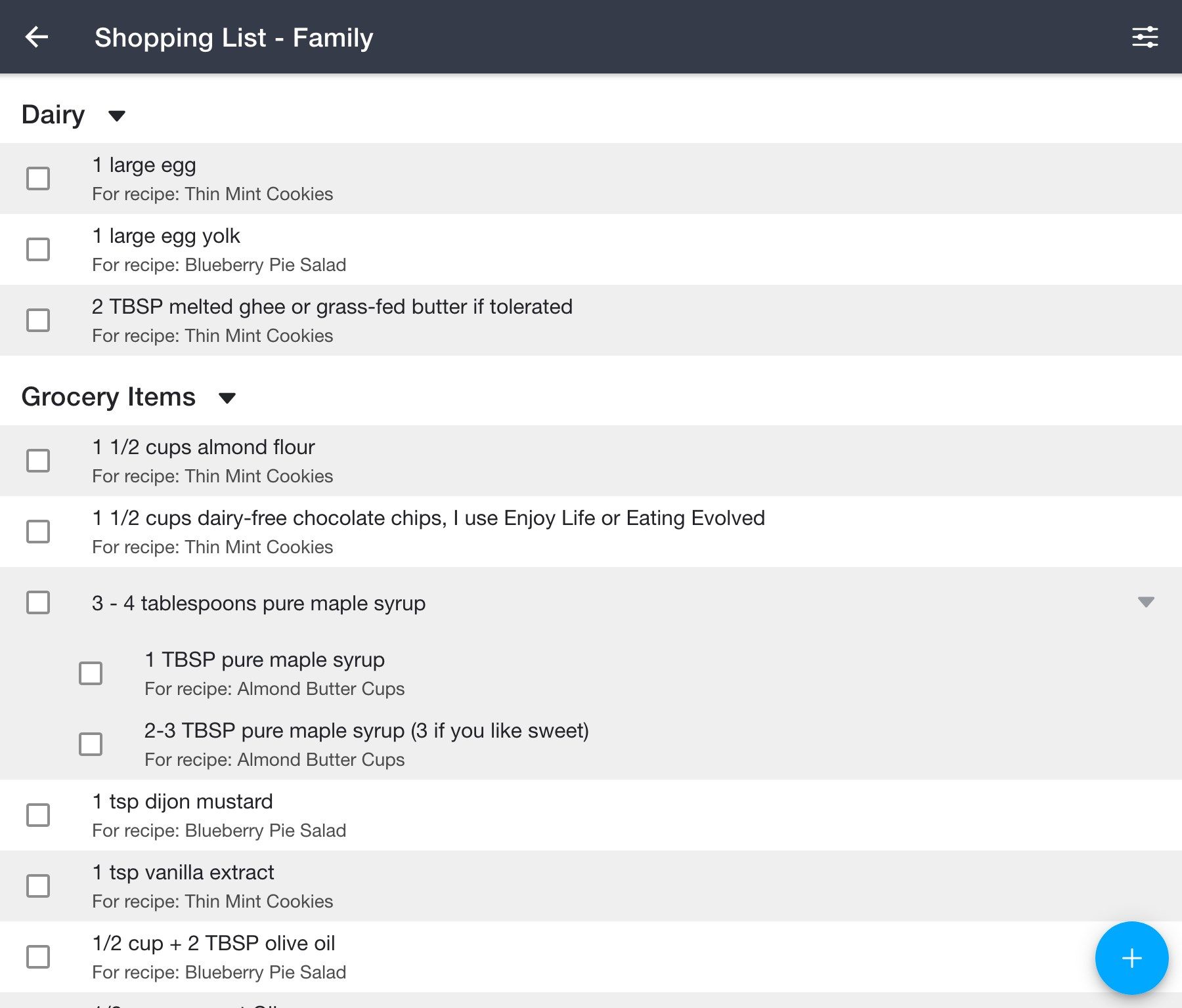 Viewing an example shopping list with grouping by category and grouping by similar items turned on