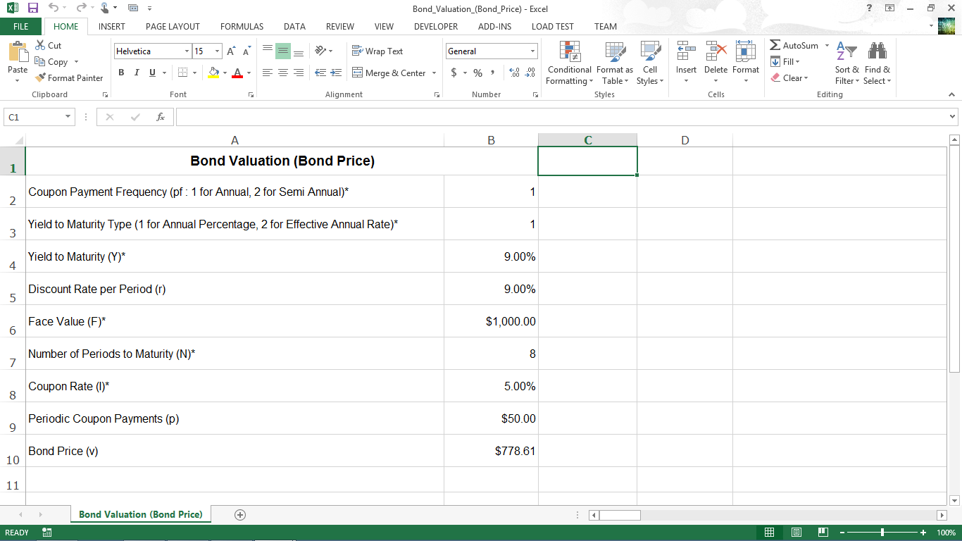 Bond Valuation spreadsheet in Excel