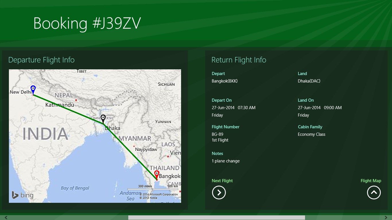 Flight details and maps can be shown interchangeably. Here clicking the pushpins on the map will return the user to the departure flight details