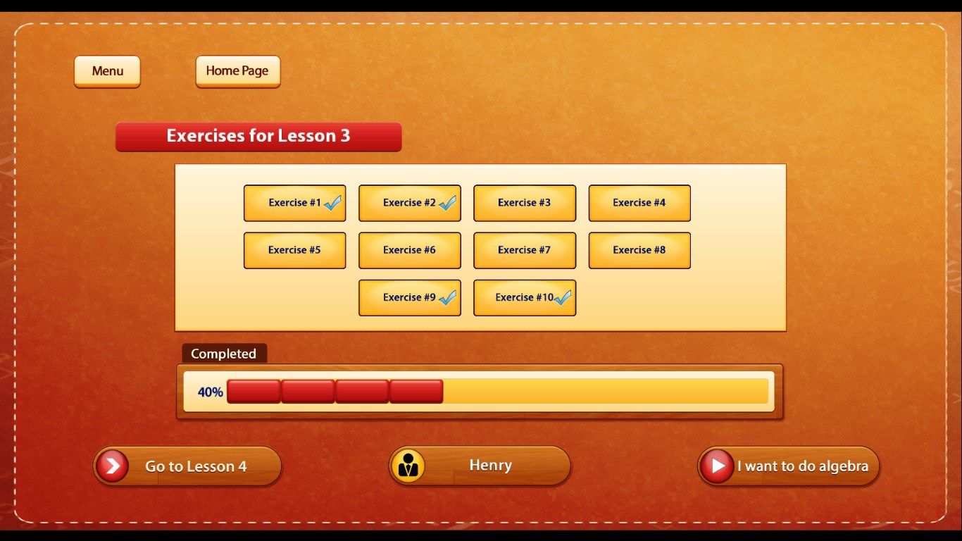 There are ten exercises for each lesson. The progress bar shows the percentage of the lesson completed.