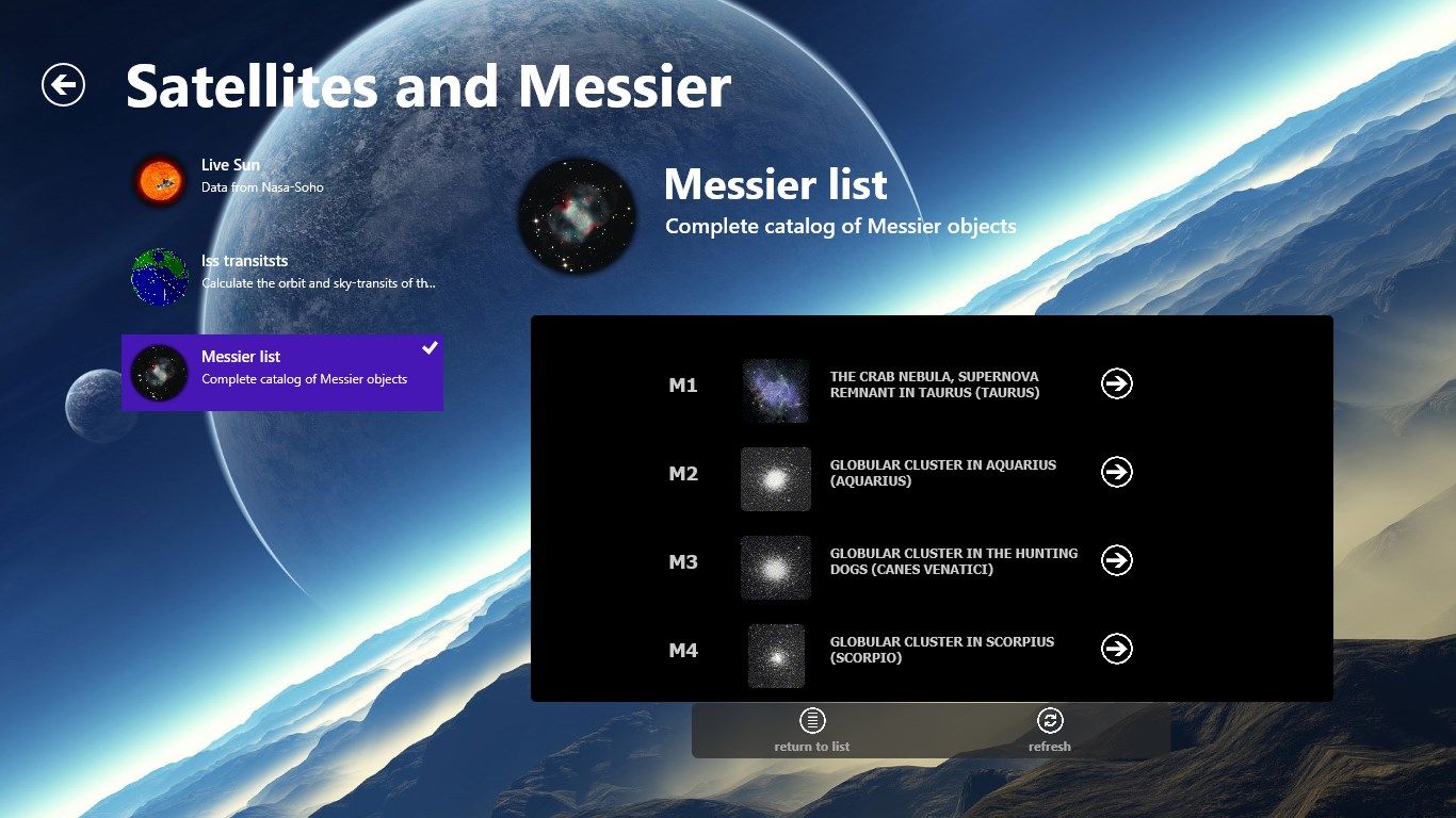 Messier complete list interactive menu.