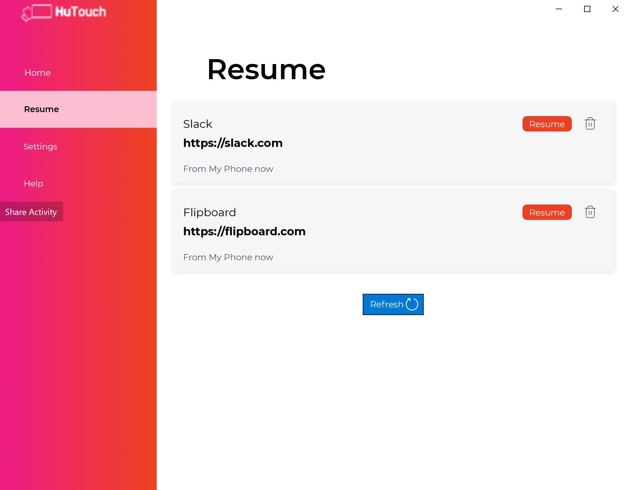 Click "Resume" to get back to your current tasks that were sent from other devices