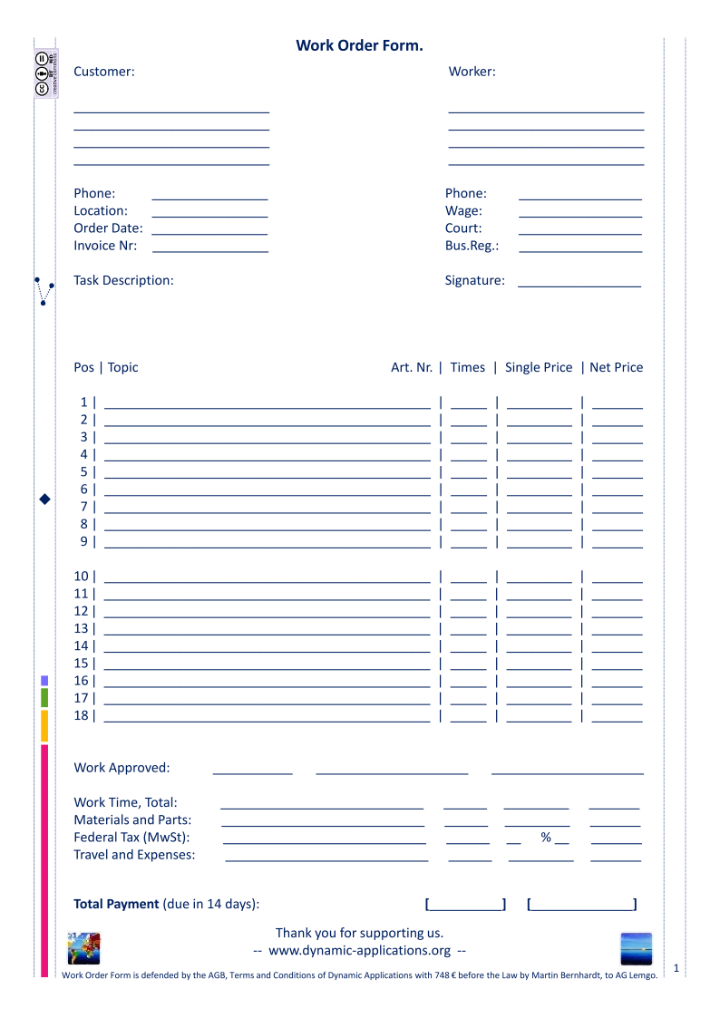 Work order Form Template - defends your value to Society, as a Businessman