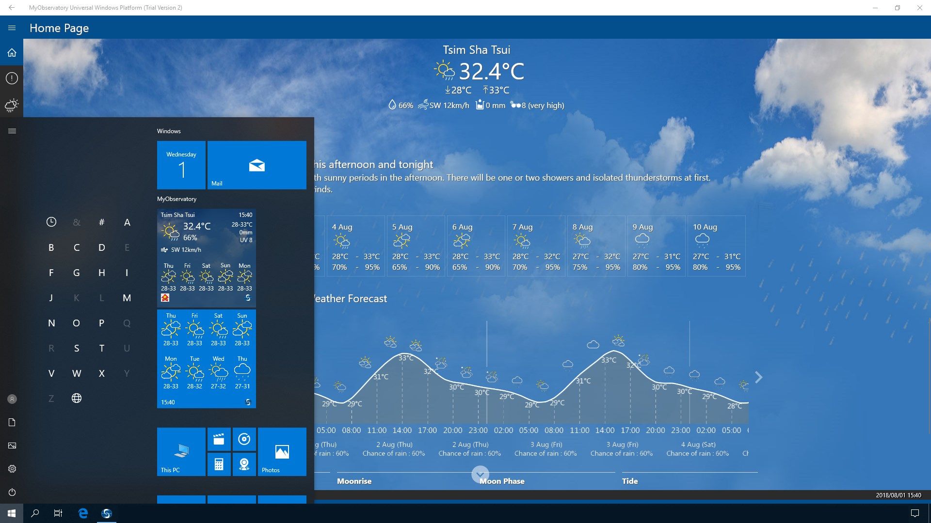 Live tile with current weather and warnings