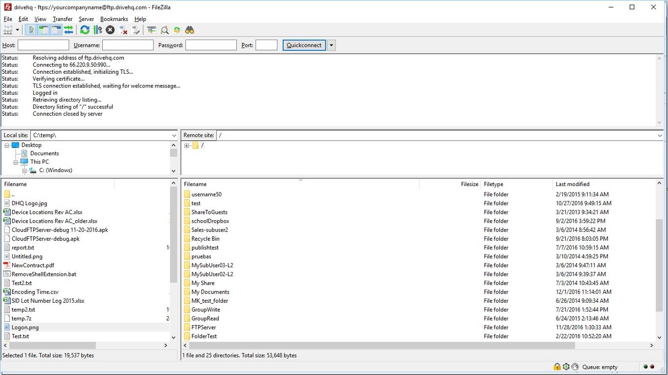 Accessing the Cloud FTP server from FileZilla.