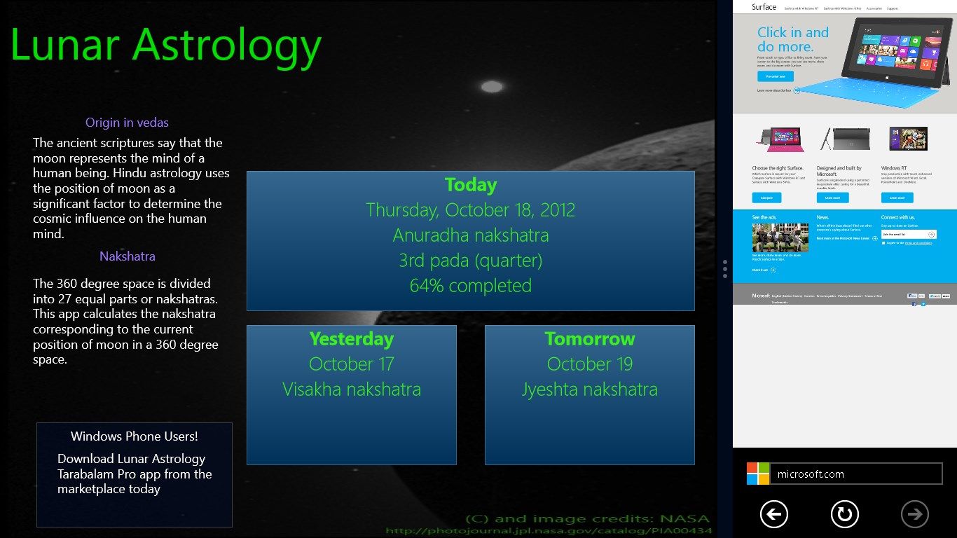 Lunar Astrology app in fill view along side Internet Explorer in snap view