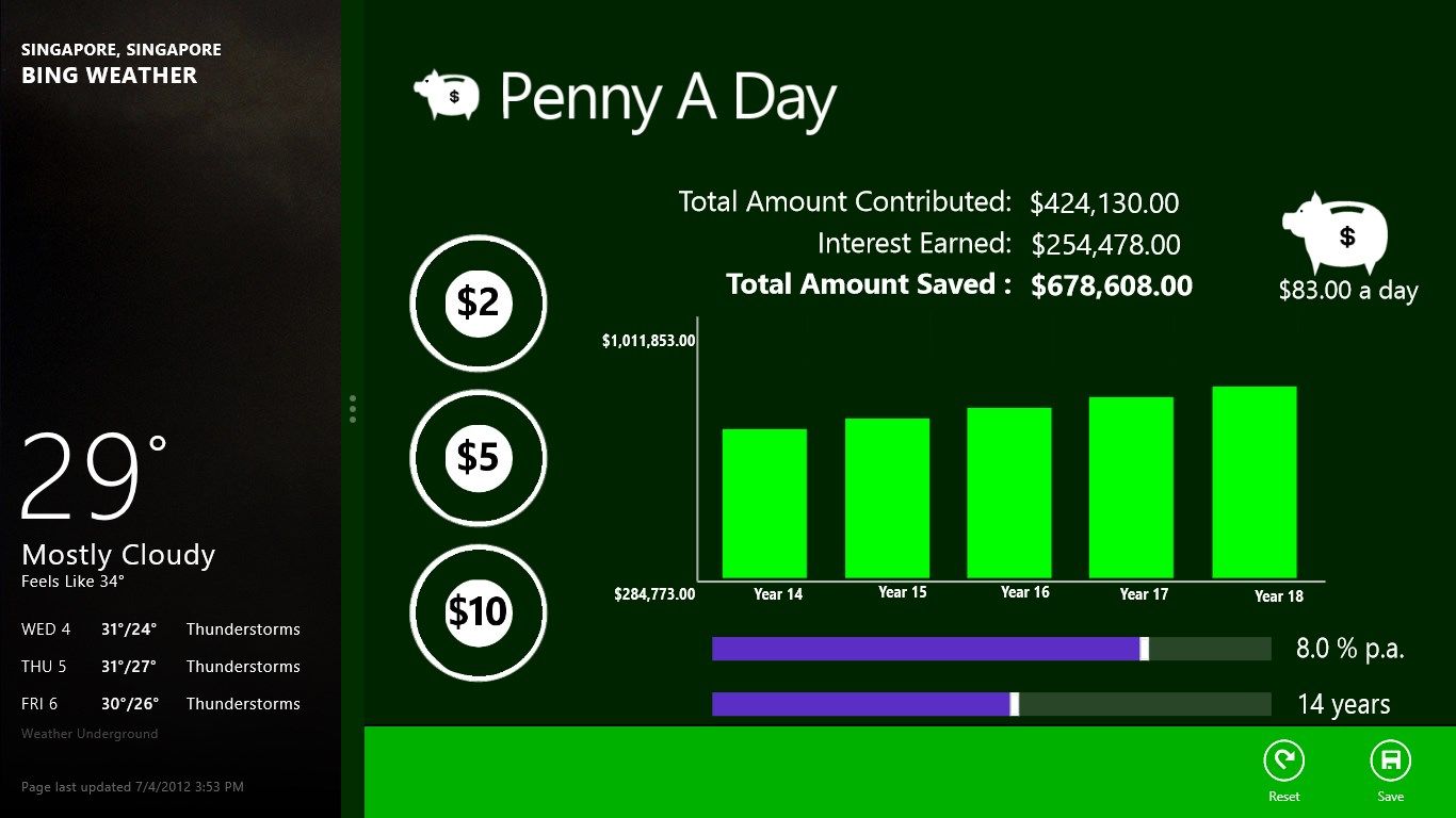 Penny A Day in Filled display mode. With App Bar visible.
