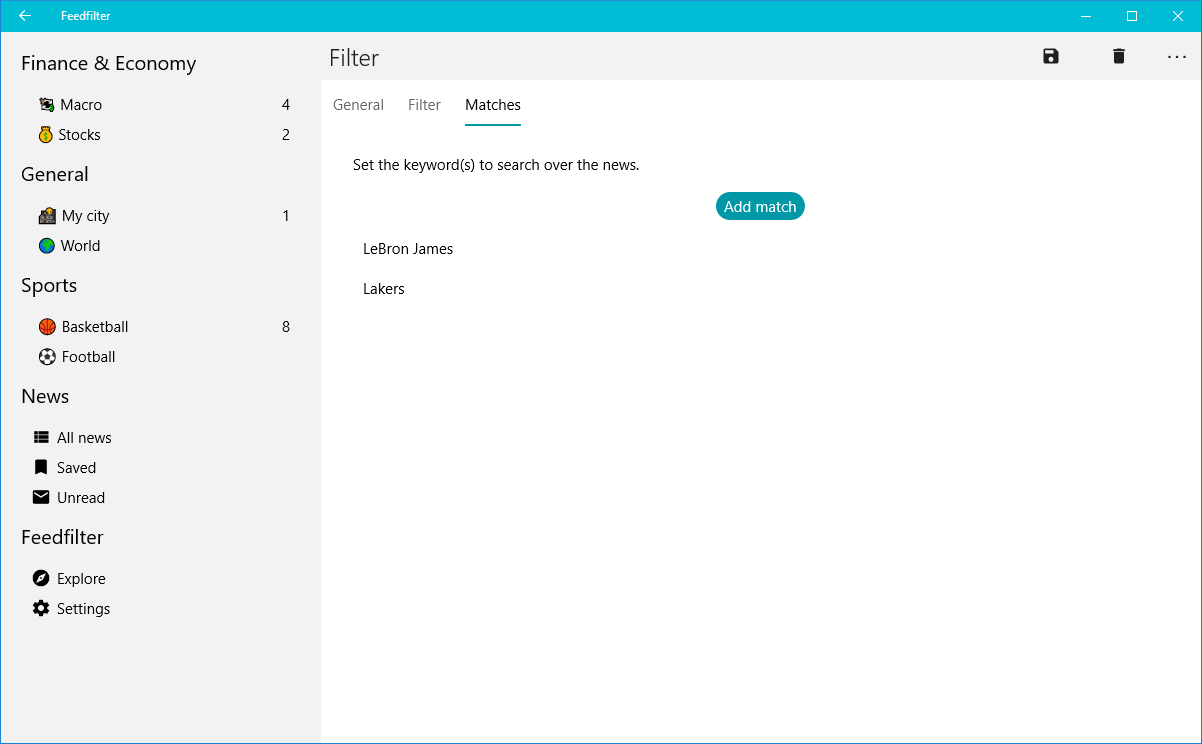 Configure your filters by keywords and organize your news in folders