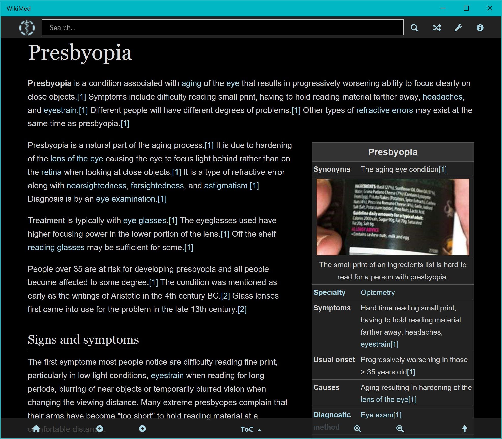 WikiMed Presbyopia (dark theme)