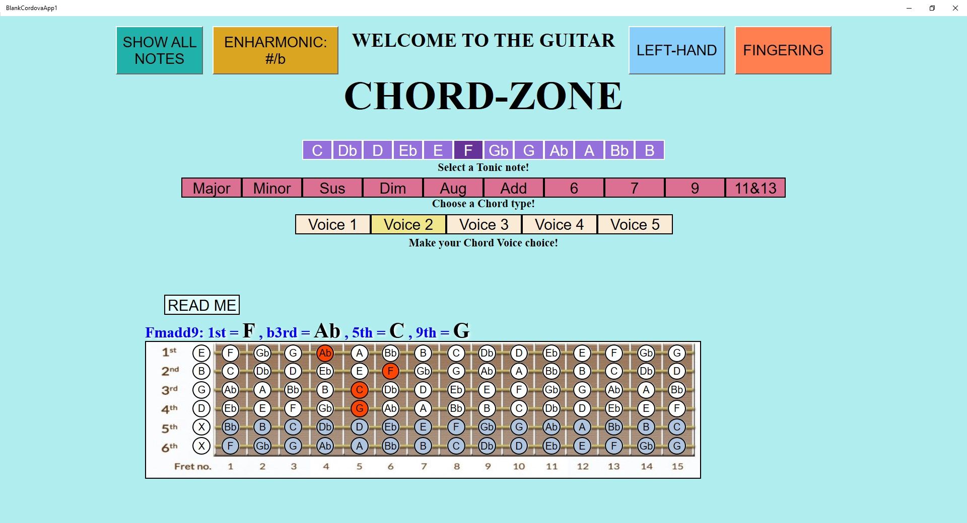 This shows an F minor add 9 chord, voice 2, on the right hand fretboard with the enharmonic set to flats.