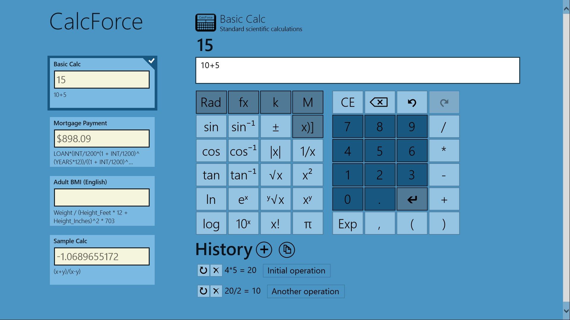 Scientific calculator - one operation at a time with history and undo