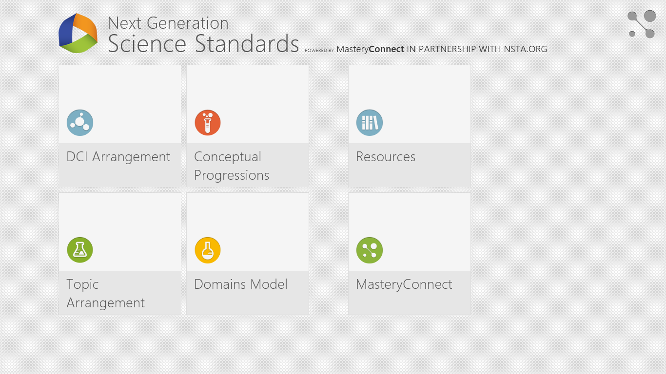 The homepage of the Next Generation Science Standards app showing arrangements and resources