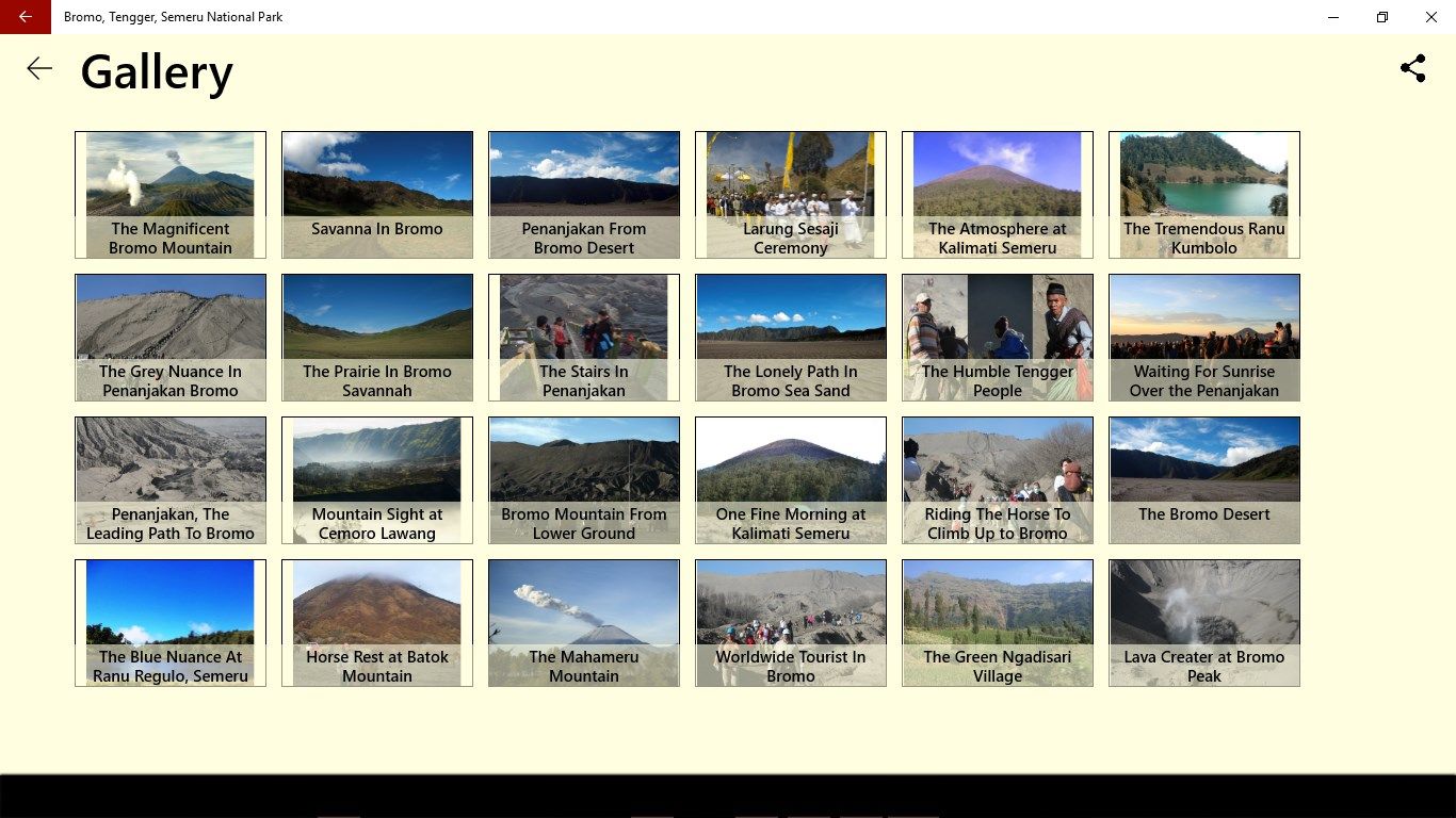 This menu shows many pictures of beautiful scenery and cultural activity around this tourist area. When you click this menu, you will see pictures of tourist areas which are part of Bromo, Tengger, and Semeru National Park, such as Savanna in Bromo, The Bromo Dessert, The Atmosphere at Kalimati Semeru, etc.
