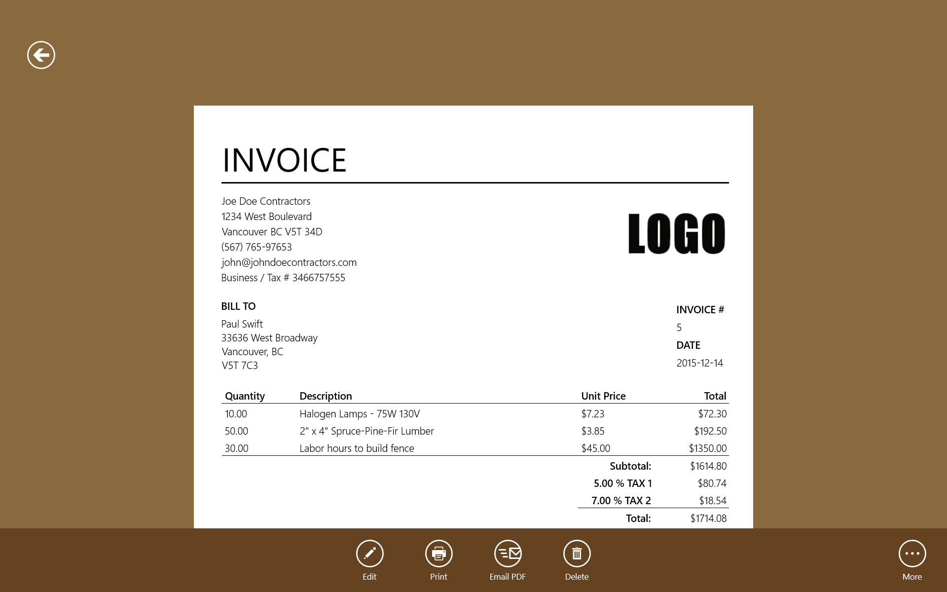 Create a professional looking invoice in a few minutes time and email it to your client.