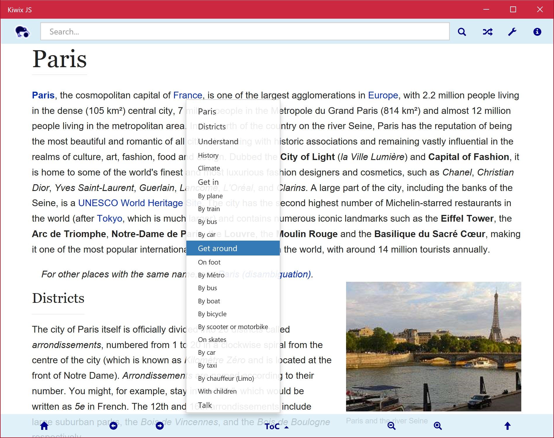 Wikivoyage article on Paris with Table of Contents