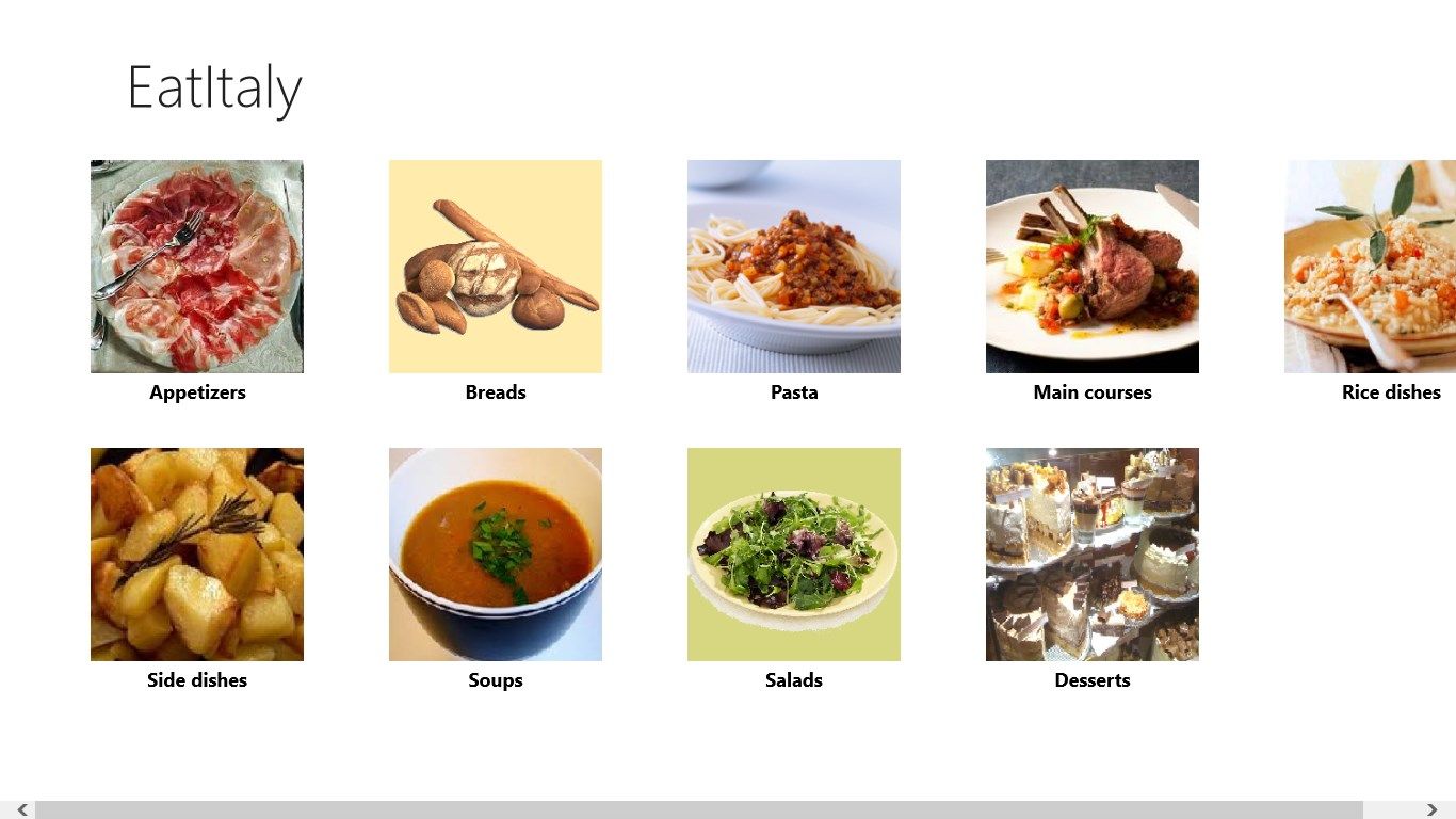 Main window of the app shows the type of courses for which there are recipes in the app database