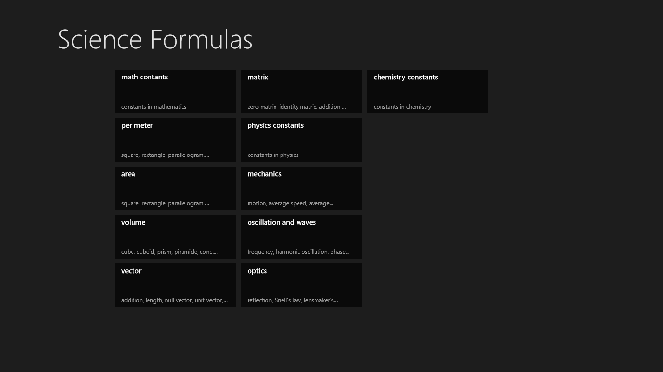 Start screen with all formulas by category.