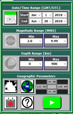 Example of an in-process query. In this example, all quakes between magnitude 2 and 10 occurring over a six month interval, and located within a custom-defined geographic region, will be retrieved. The first Geographic Parameters button toggles 2D/3D display. The second button toggles pre-defined geographic region selection or custom region identification.