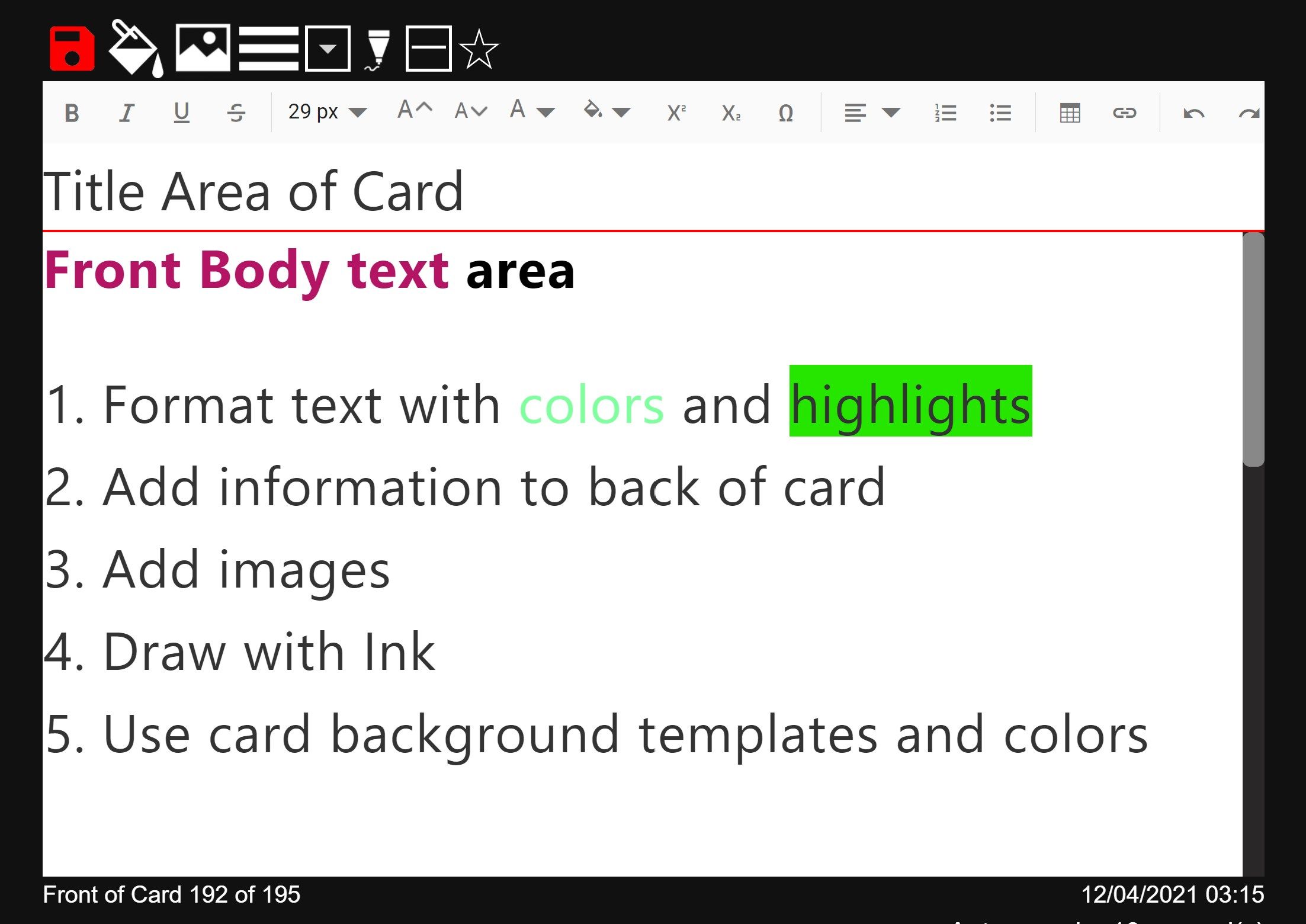 Capture rich text on cards - title, front and back areas - just like a real index card!