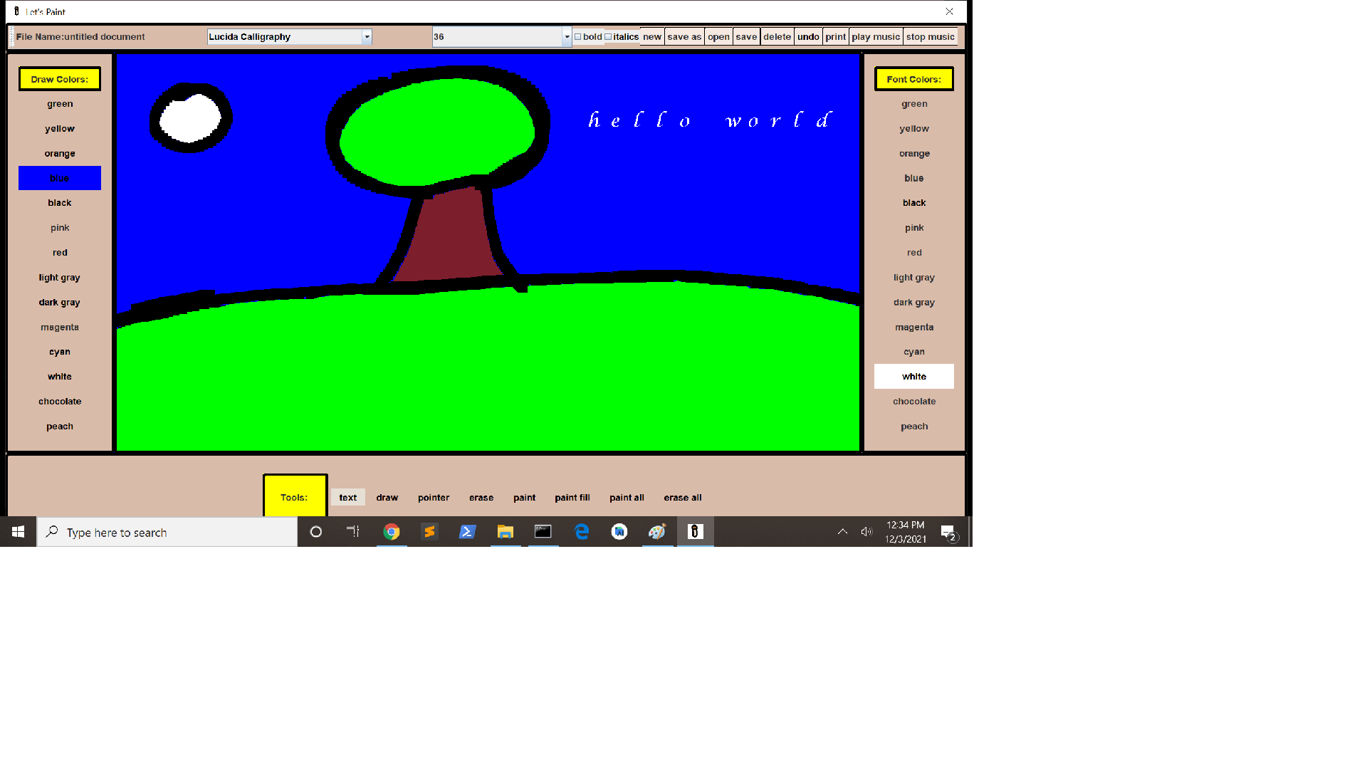 Painted sky, grass, tree, moon, and added "hello world" text