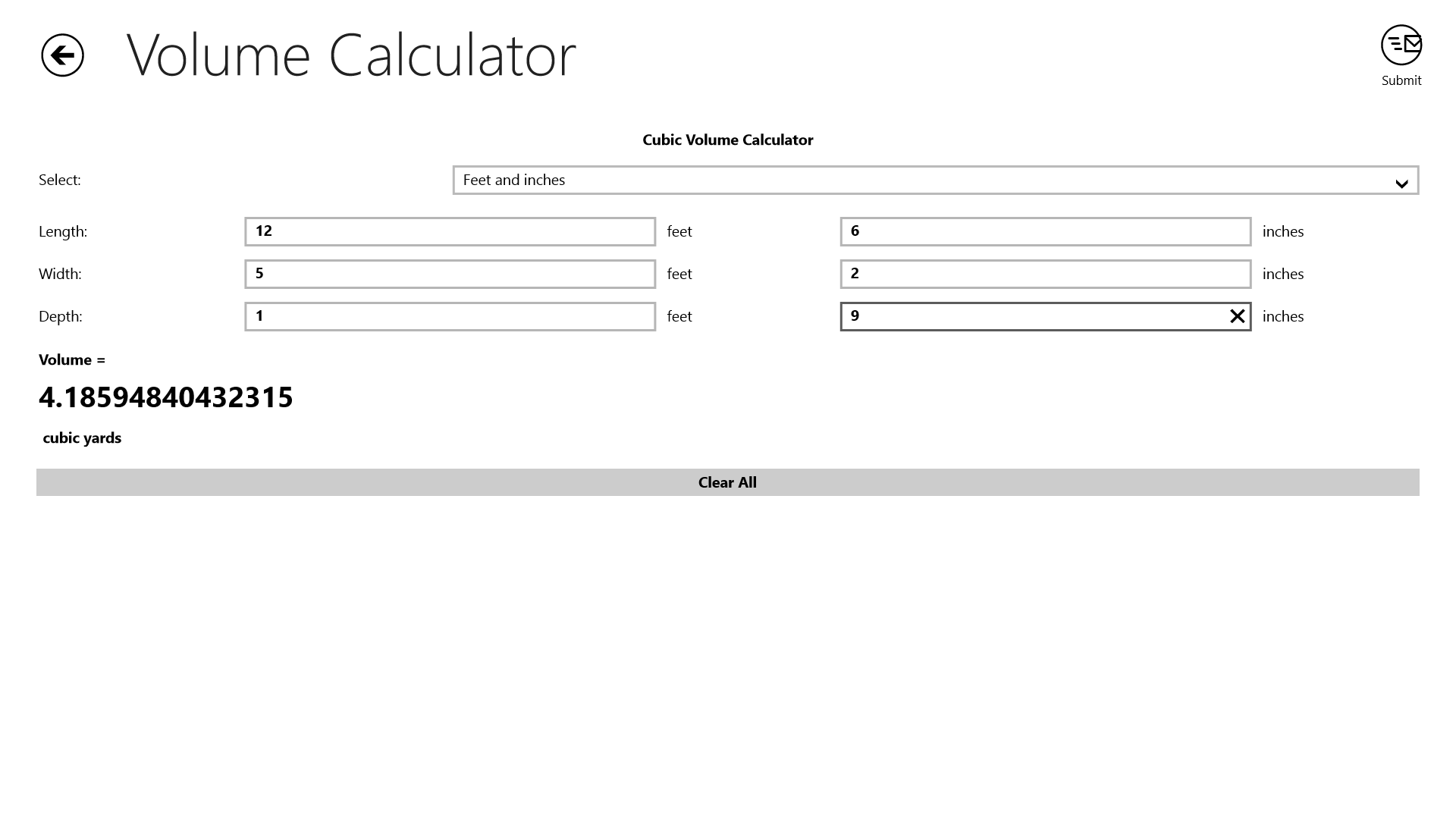 Example mobile solution that shows a volumetric calculator