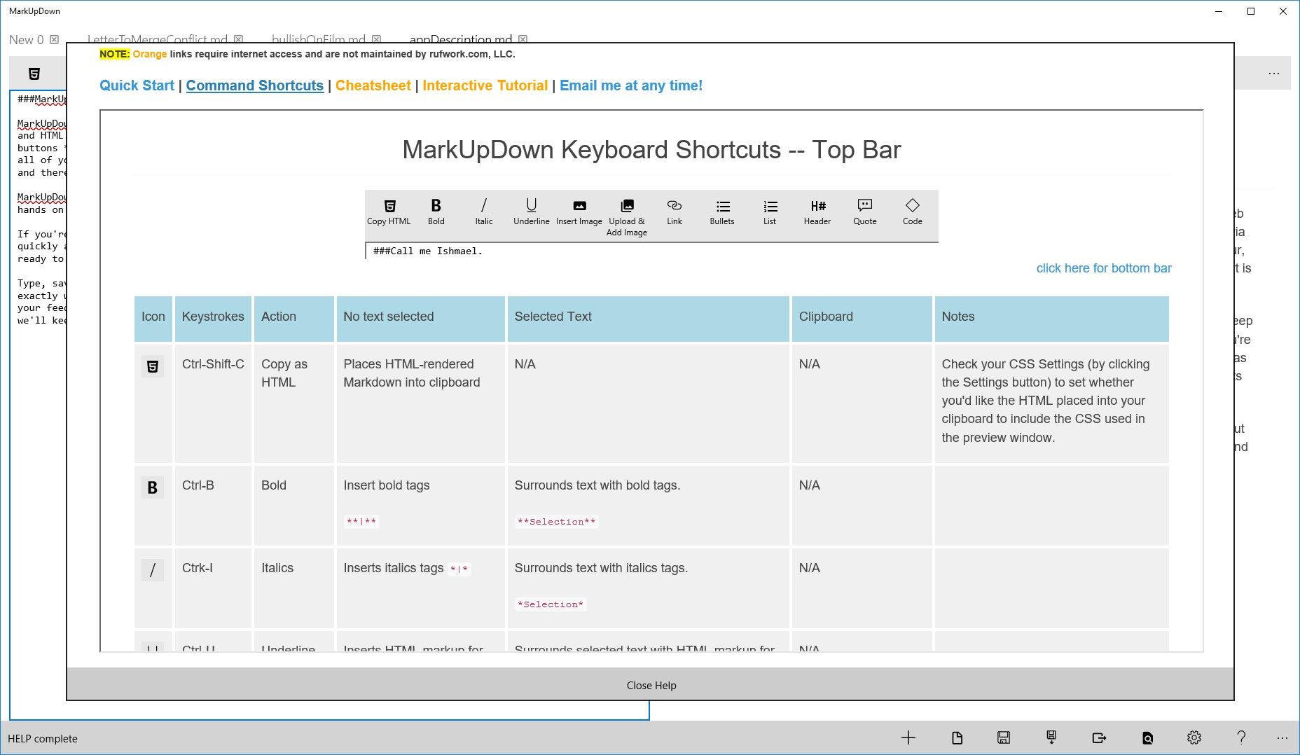 MarkUpDown with help open. Every command, keyboard shortcut, and menu item detailed.