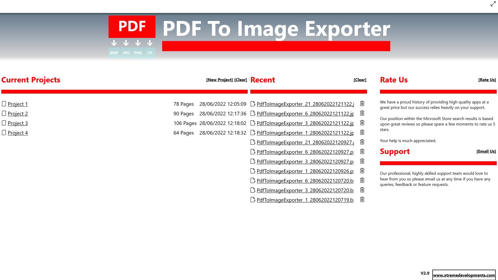 Create new PDF TO Image Exporter projects or navigate to one you are already working on via our convenient dashboard. Open previously created images with ease and view our support contact details so you can easily get in touch with any queries you may have.
