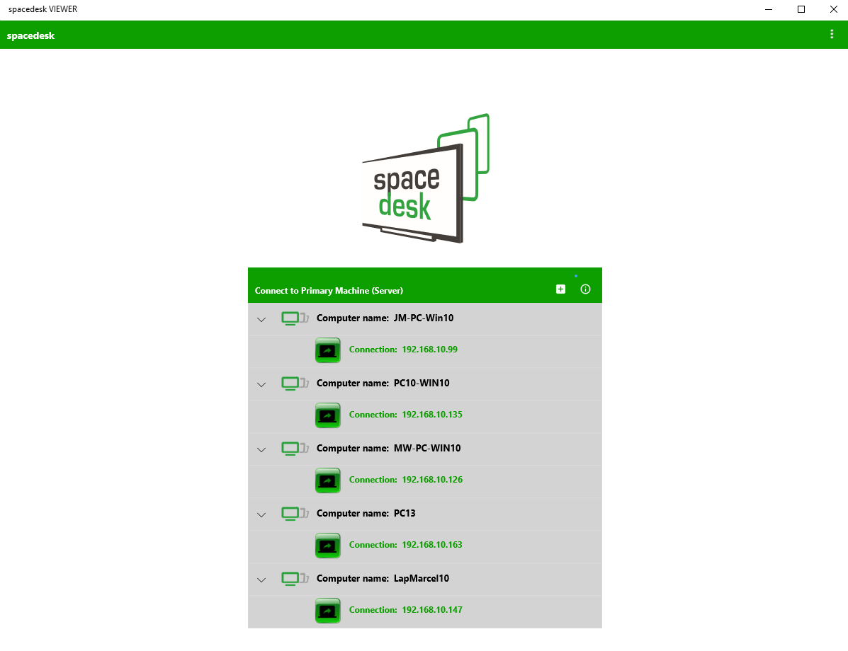Initial view of spacedesk application, Connection Page.
