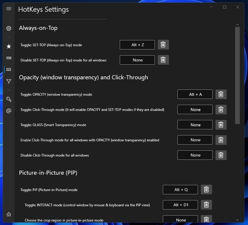 Hotkeys settings page - from here, you can configure custom hotkeys like setting windows on top, dark mode, pip, etc., and even hotkey for things like minimizing all windows at once!