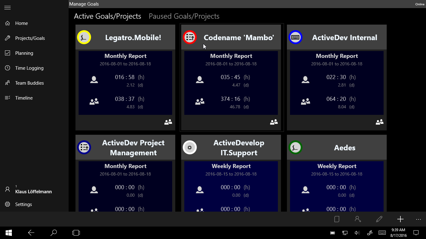 Keep track of your project's daily, weekly and monthly progress at a glance. Use the project page to setup project's properties like colors, default activity categories, achievement groups, and share projects with your team buddies!